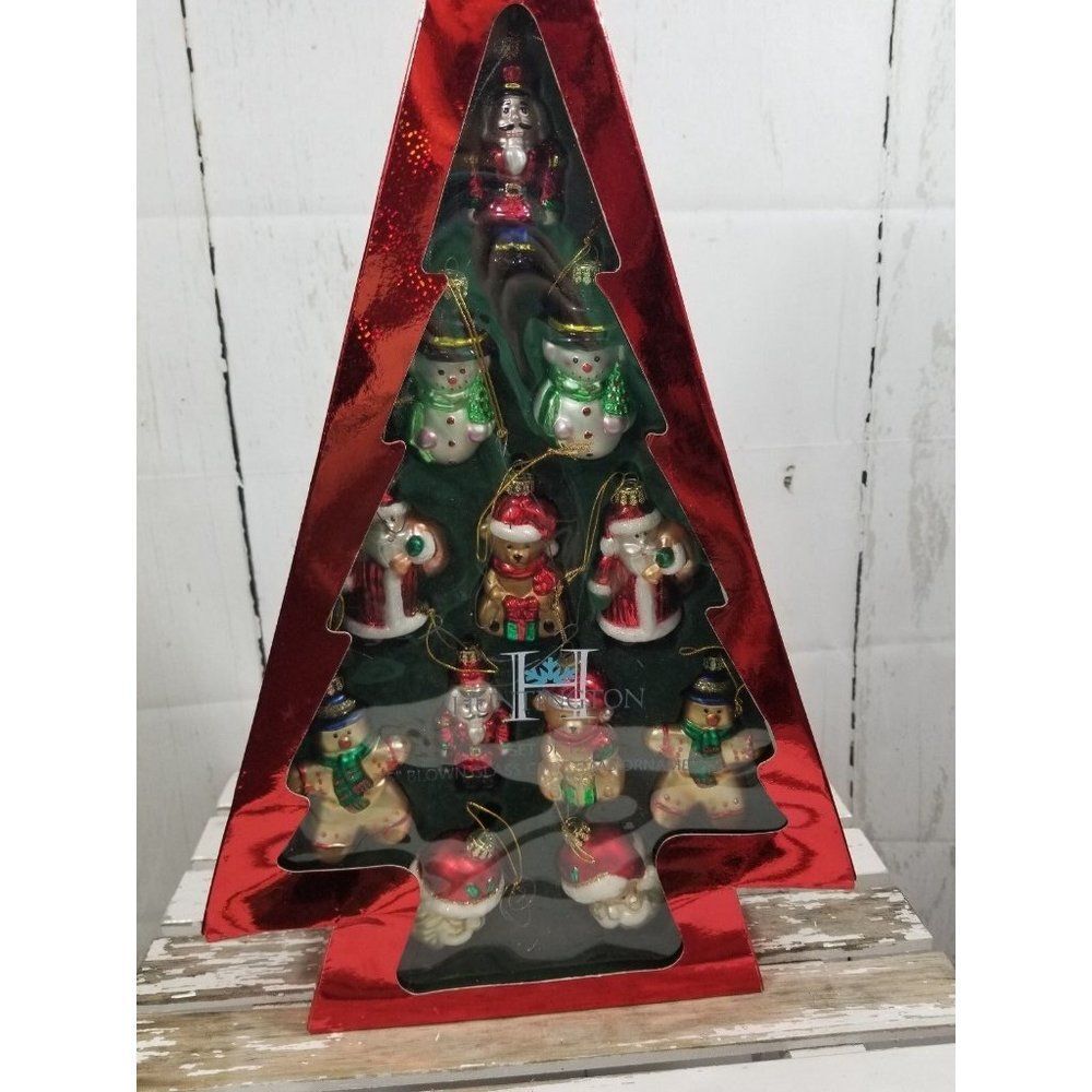 Huntington Xmas Holiday ornament set Santa Snowman Bear Gingerbread glass blown